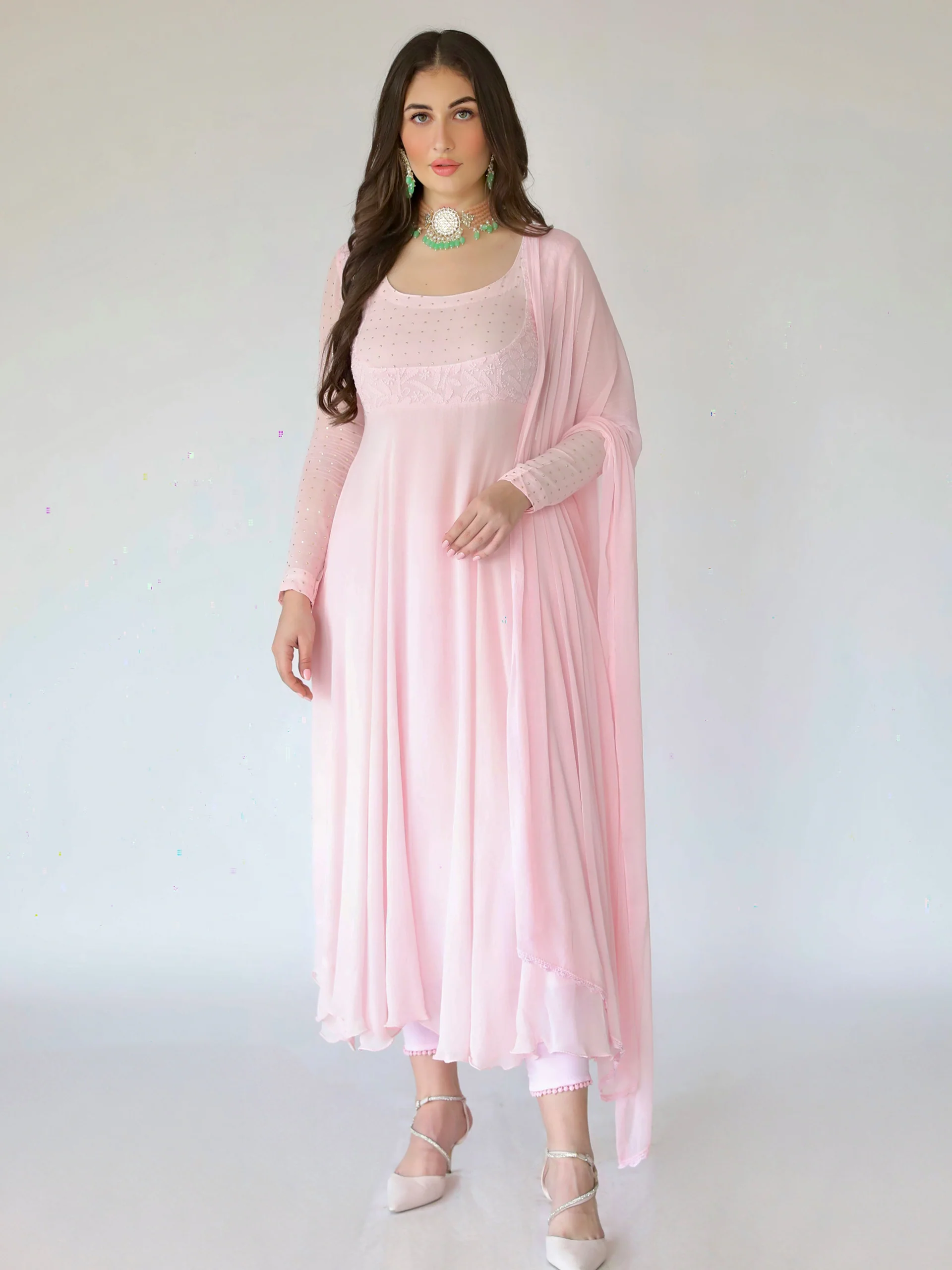 Camellia Pink Chikankari Anarkali Set (Set of 3) - Image 6