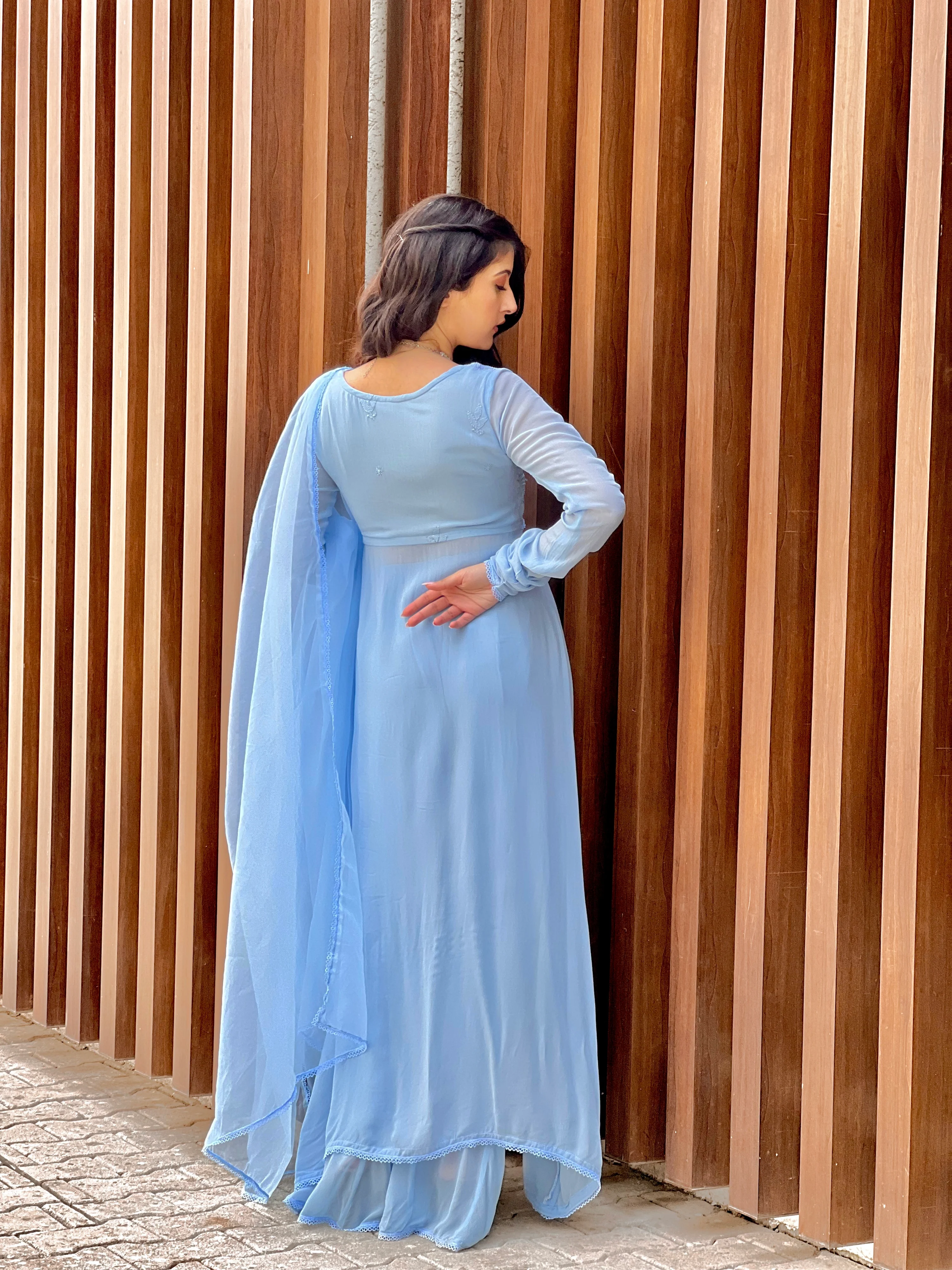 Carla Blue Chikankari Anarkali Kurta Set (Set of 3) - Image 5