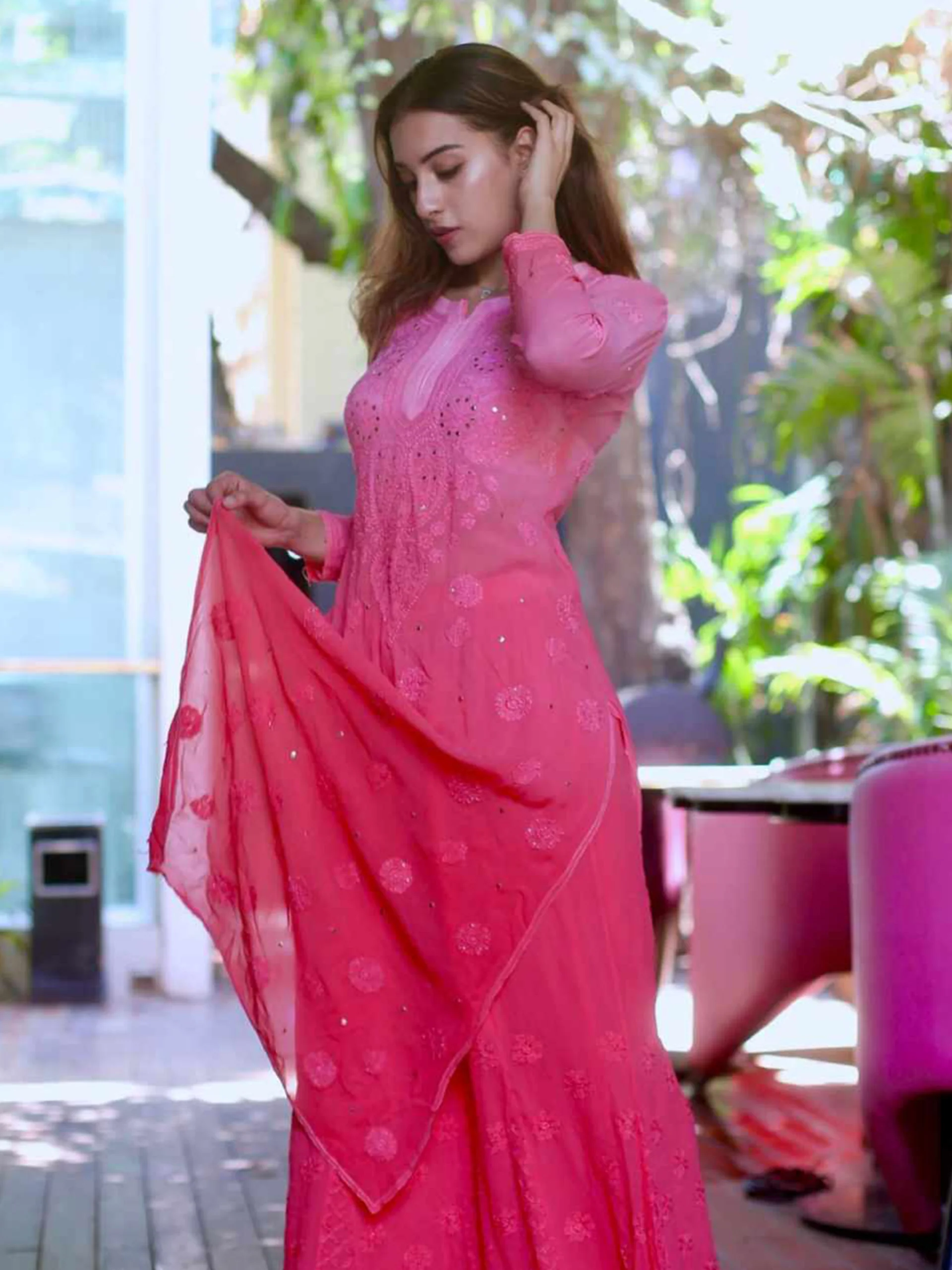 Conch Shell Pink Ombré Chikankari Kurta - Image 4