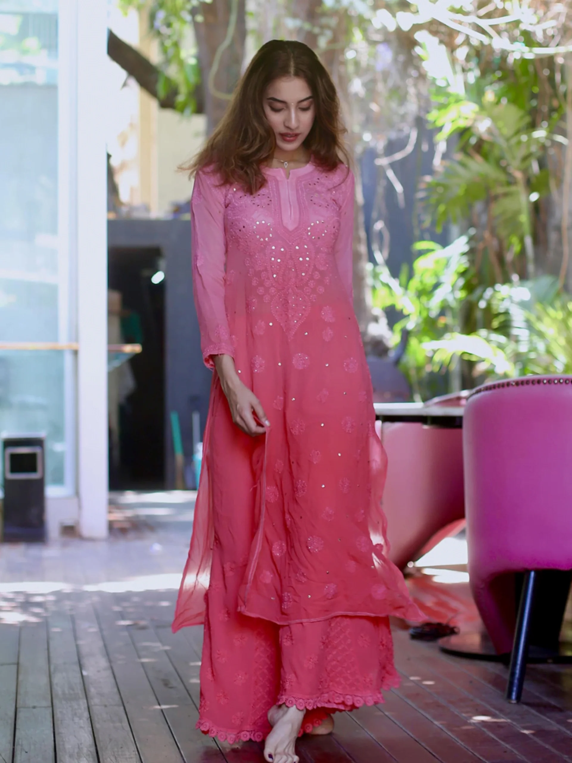 Conch Shell Pink Ombré Chikankari Kurta Set - Image 5