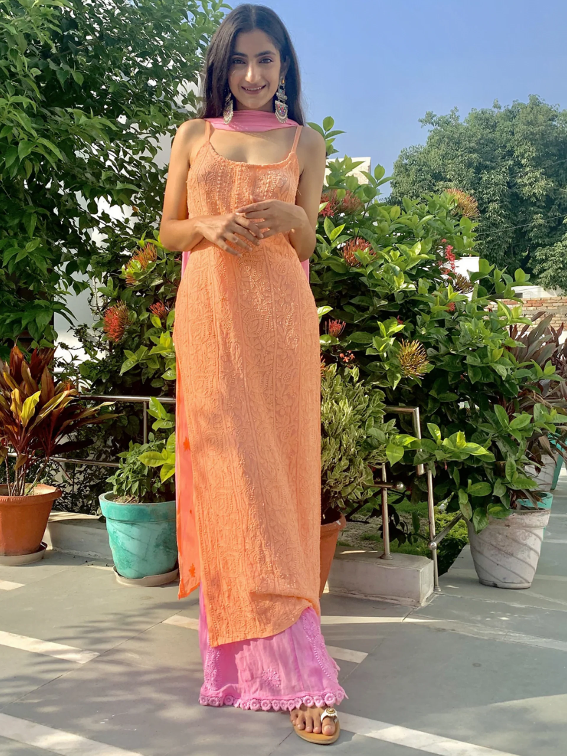 Coral Blush Strappy Chikankari Kurta Set (Set of 3) - Image 5