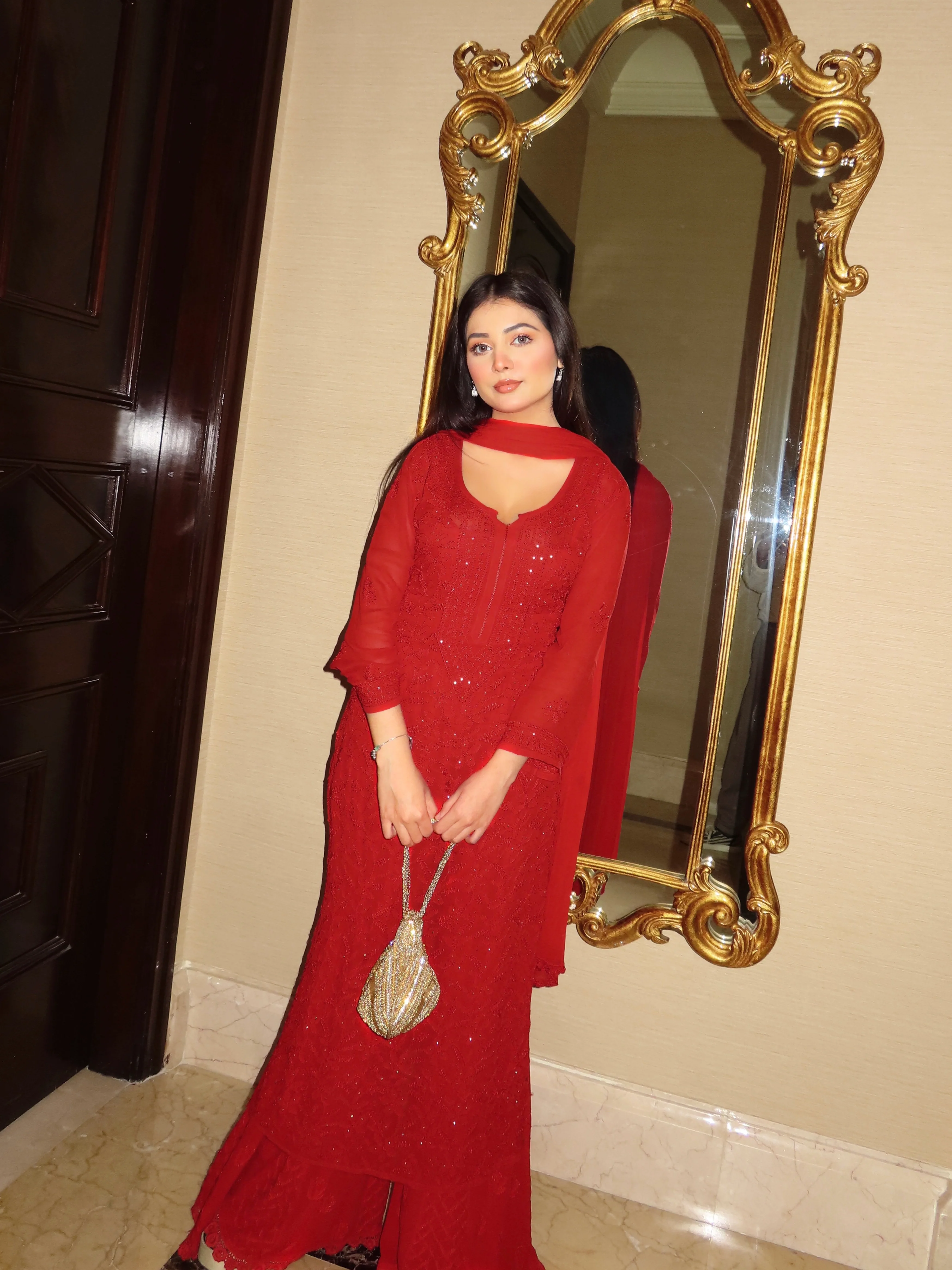 Forbidden Red Full Sleeves Chikankari Kurta - Image 11