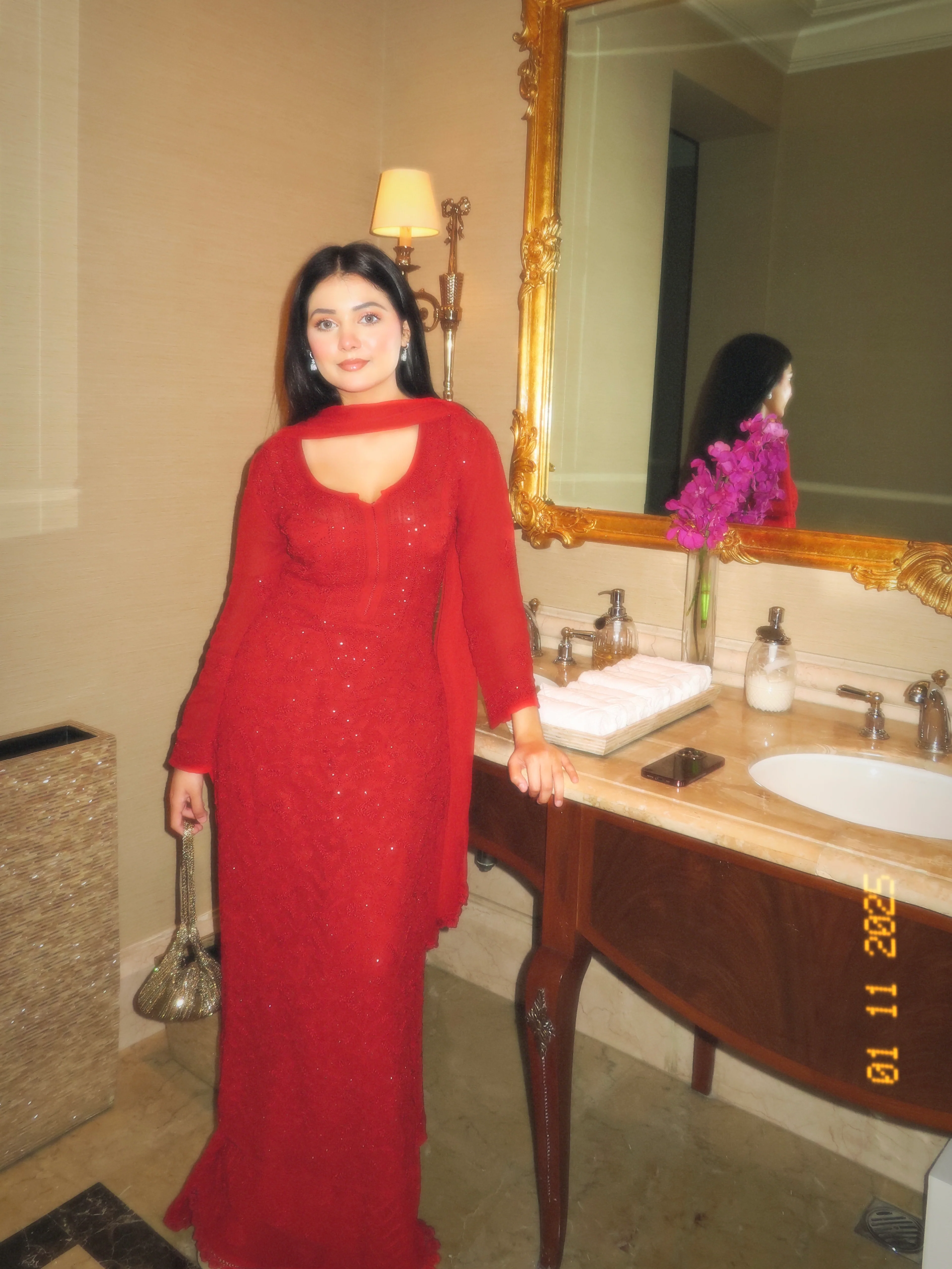 Forbidden Red Full Sleeves Chikankari Kurta - Image 9