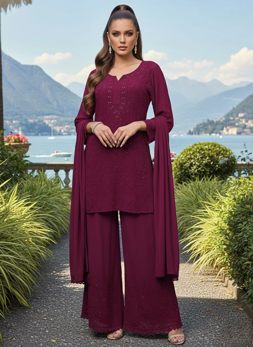 Mulled Wine Short Chikankari Kurta-Sharara Set - Image 3
