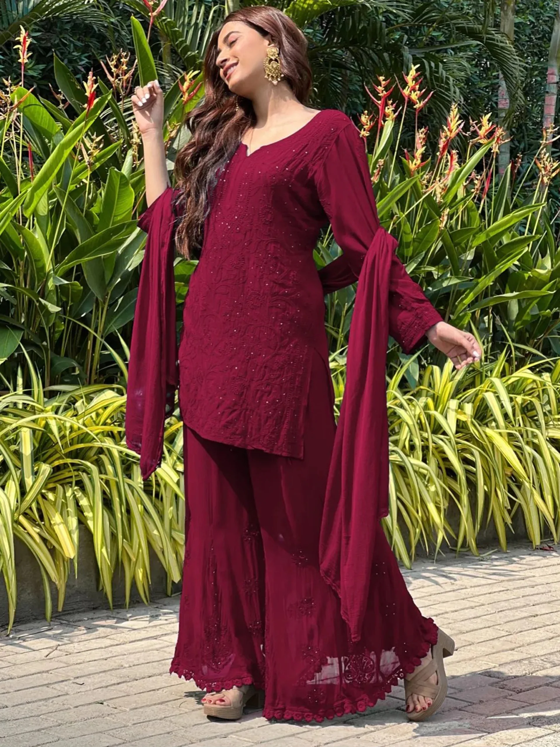 Red Berry Short Chikankari Kurta-Sharara Set - Image 3