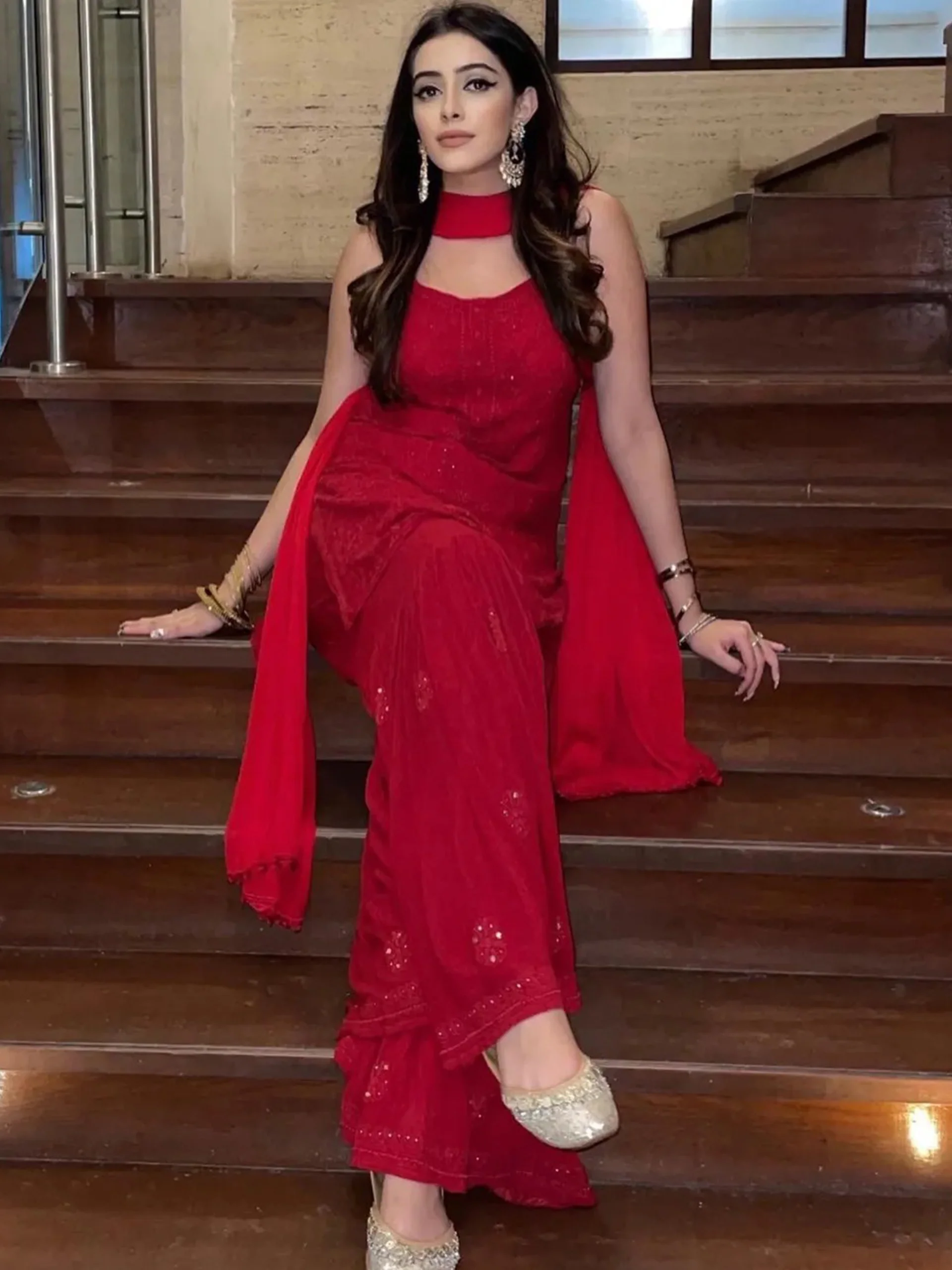 Scarlet Red Chikankari Gharara Short Kurta Set - Image 8