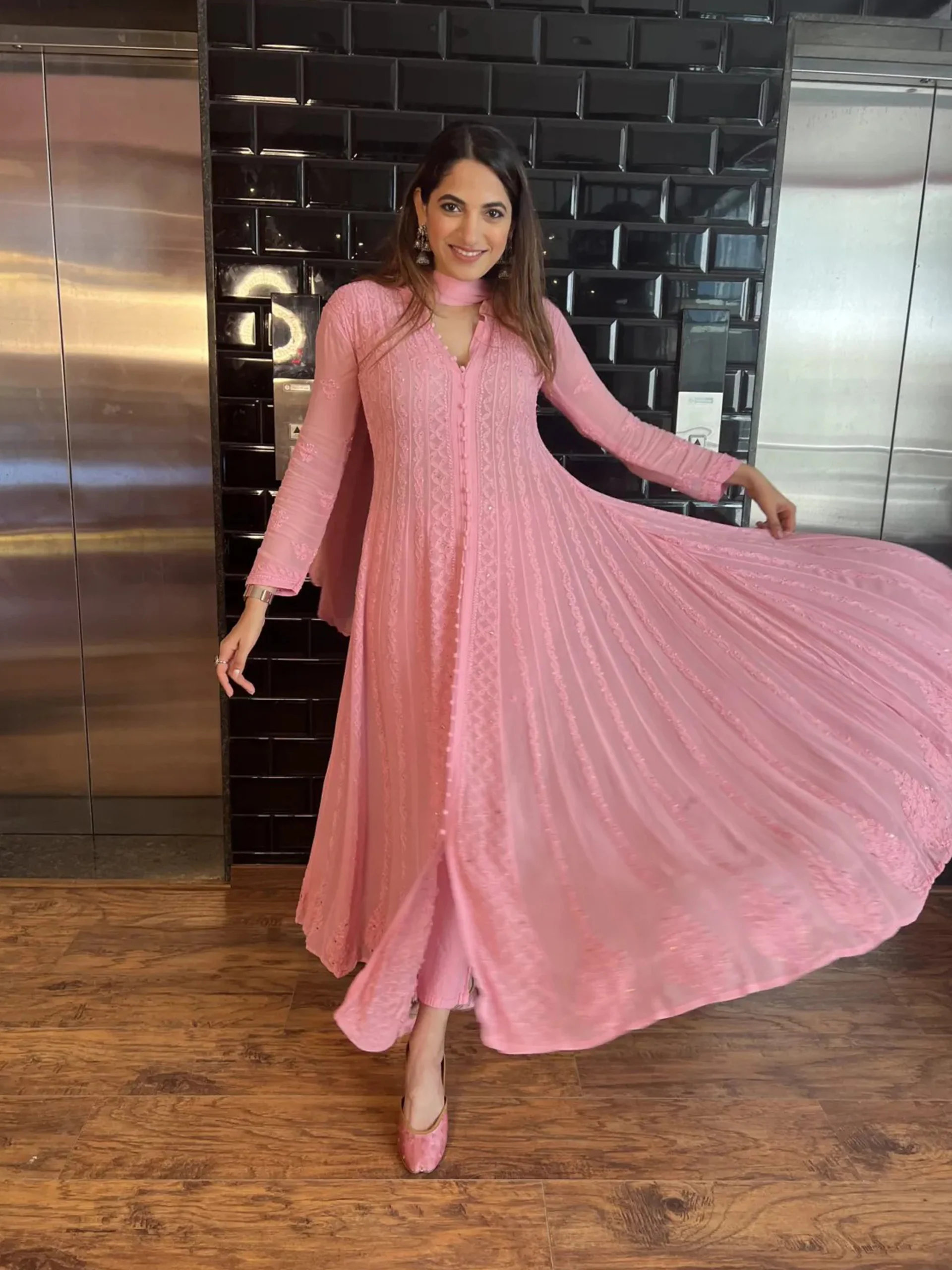 Spanish Rose Chikankari & Mukaish Anarkali Set (Set of 3) - Image 4